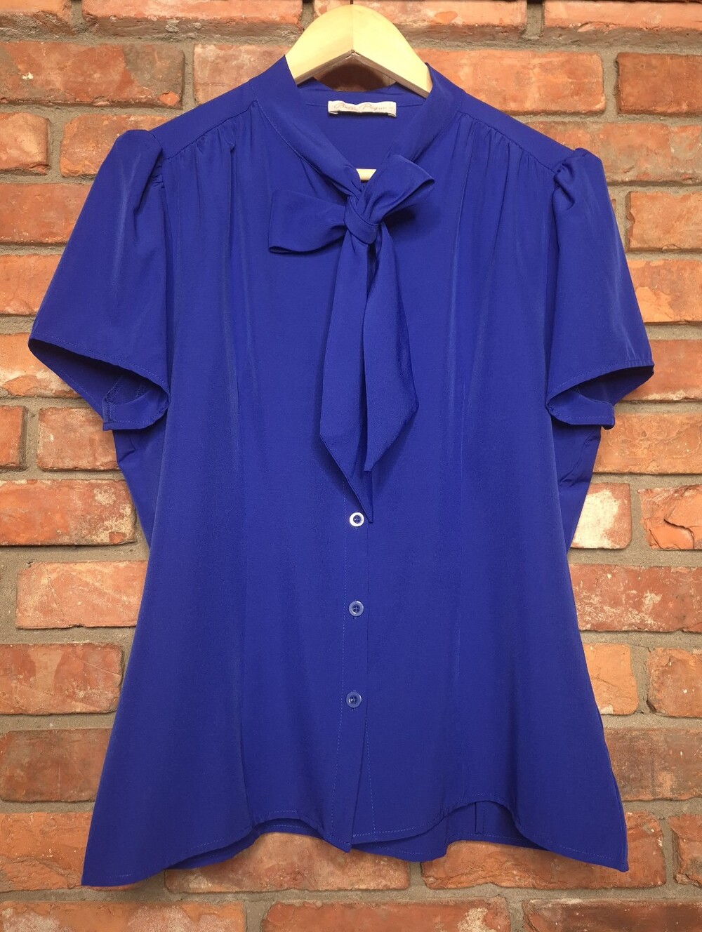 Belle Poque Bow Tie Blouse Royal Blue Button Front Puff Sleeve Retro Secretary